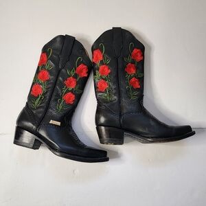 Valeria Cowgirl Boots Womens 7 Black Leather Rose Embroidered Handmade In Mexico